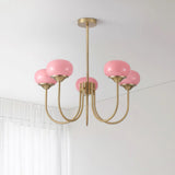 Modern Marshmallow Chandelier with Pink Glass Shades and Gold Finish Lighting
