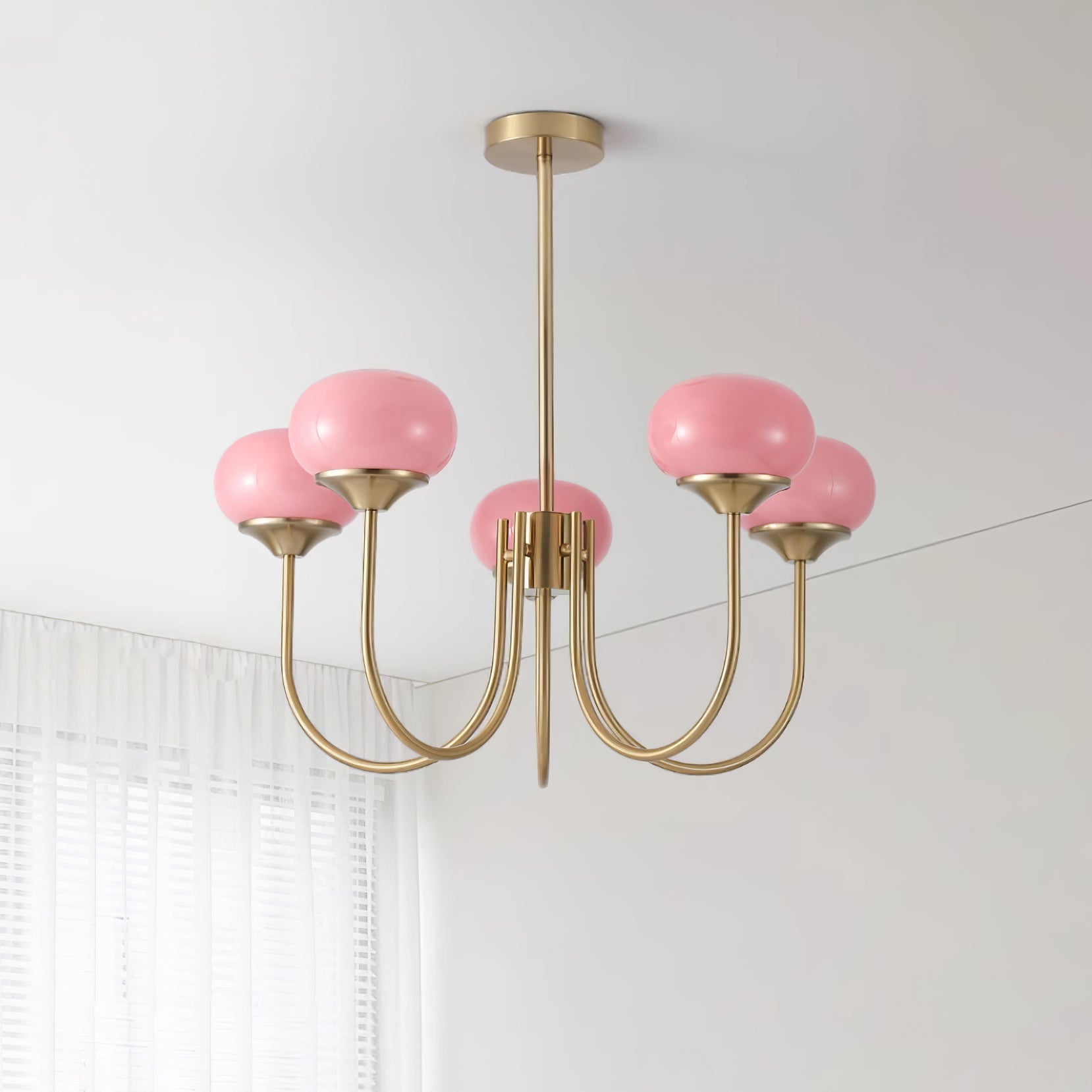 Modern Marshmallow Chandelier with Pink Glass Shades and Gold Finish Lighting