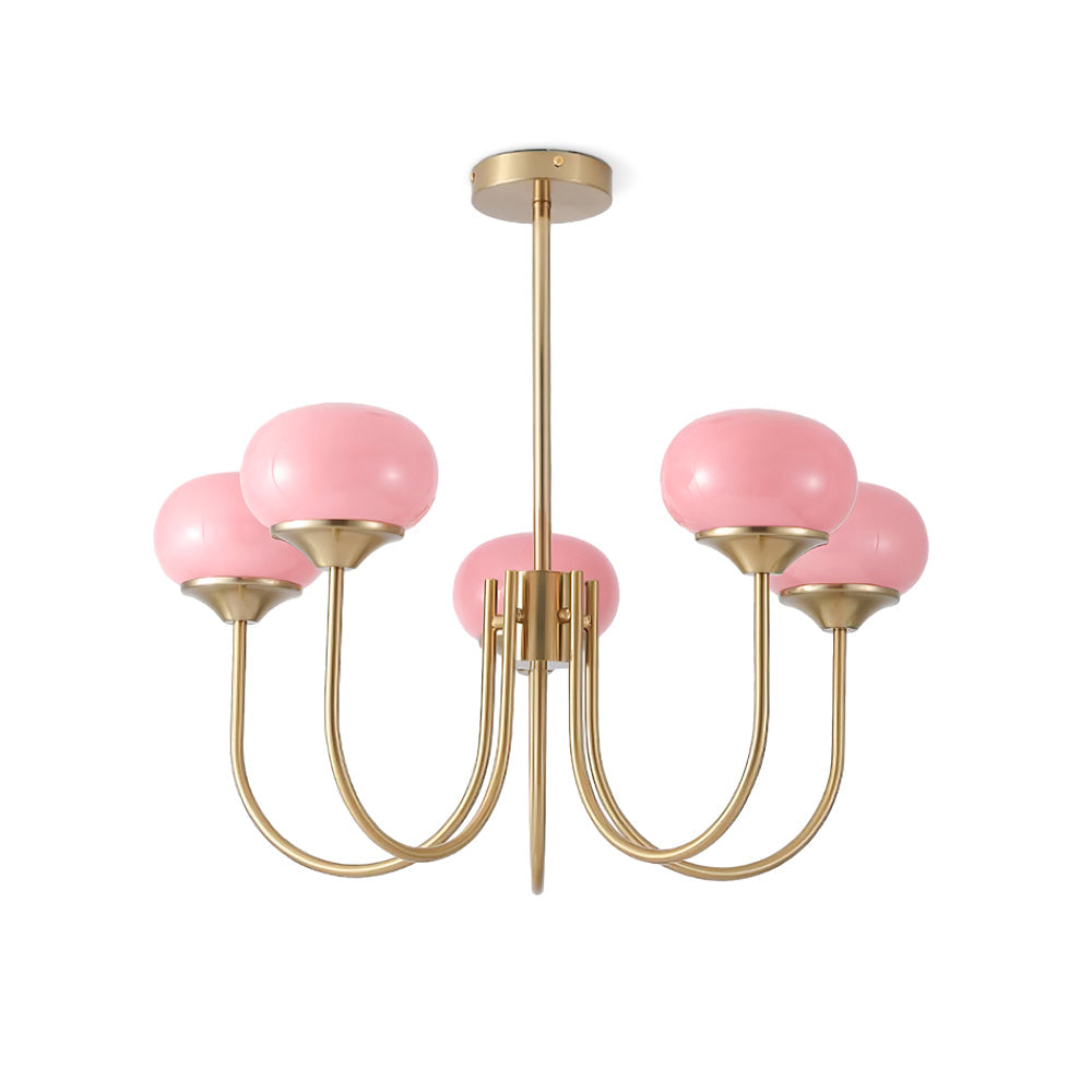 Modern Marshmallow Chandelier with Pink Glass Shades and Gold Finish Lighting