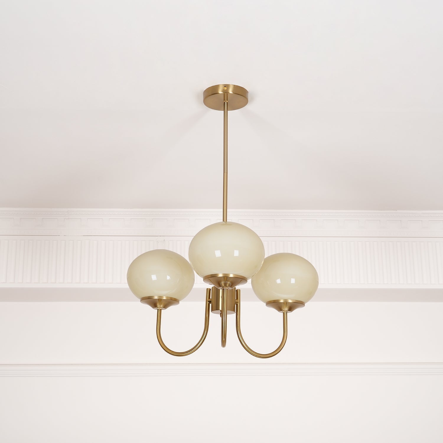 Modern Marshmallow Chandelier with Pink Glass Shades and Gold Finish Lighting