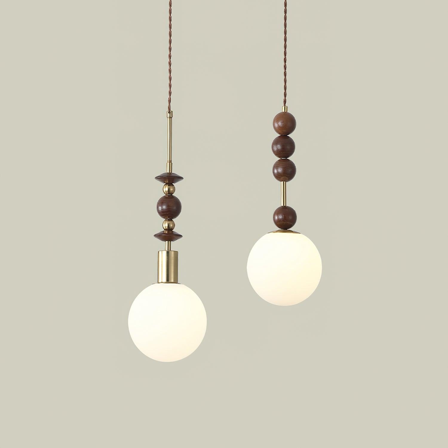 Modern Maru Ash Wood Beaded Pendant Light with White Glass Globe