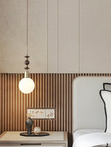 Modern Maru Ash Wood Beaded Pendant Light with White Glass Globe
