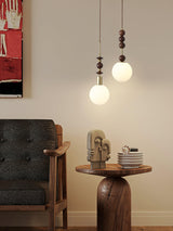 Modern Maru Ash Wood Beaded Pendant Light with White Glass Globe