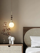 Modern Maru Ash Wood Beaded Pendant Light with White Glass Globe