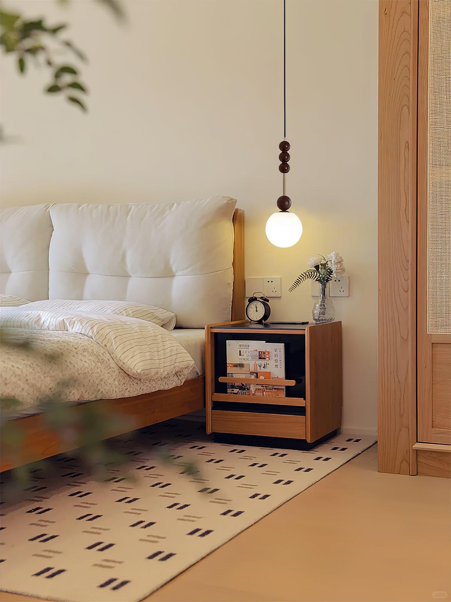 Modern Maru Ash Wood Beaded Pendant Light with White Glass Globe