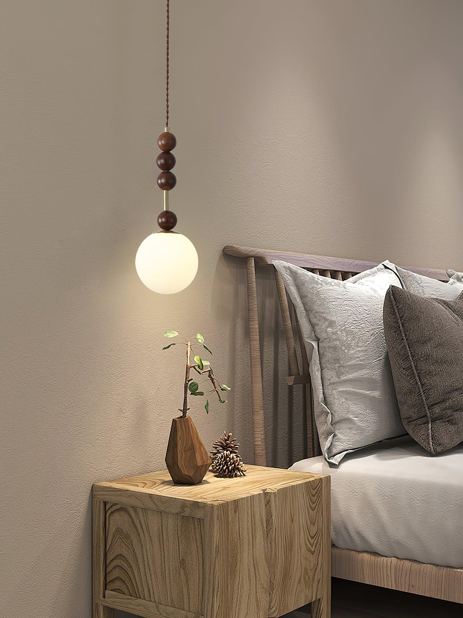 Modern Maru Ash Wood Beaded Pendant Light with White Glass Globe