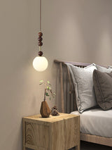 Modern Maru Ash Wood Beaded Pendant Light with White Glass Globe
