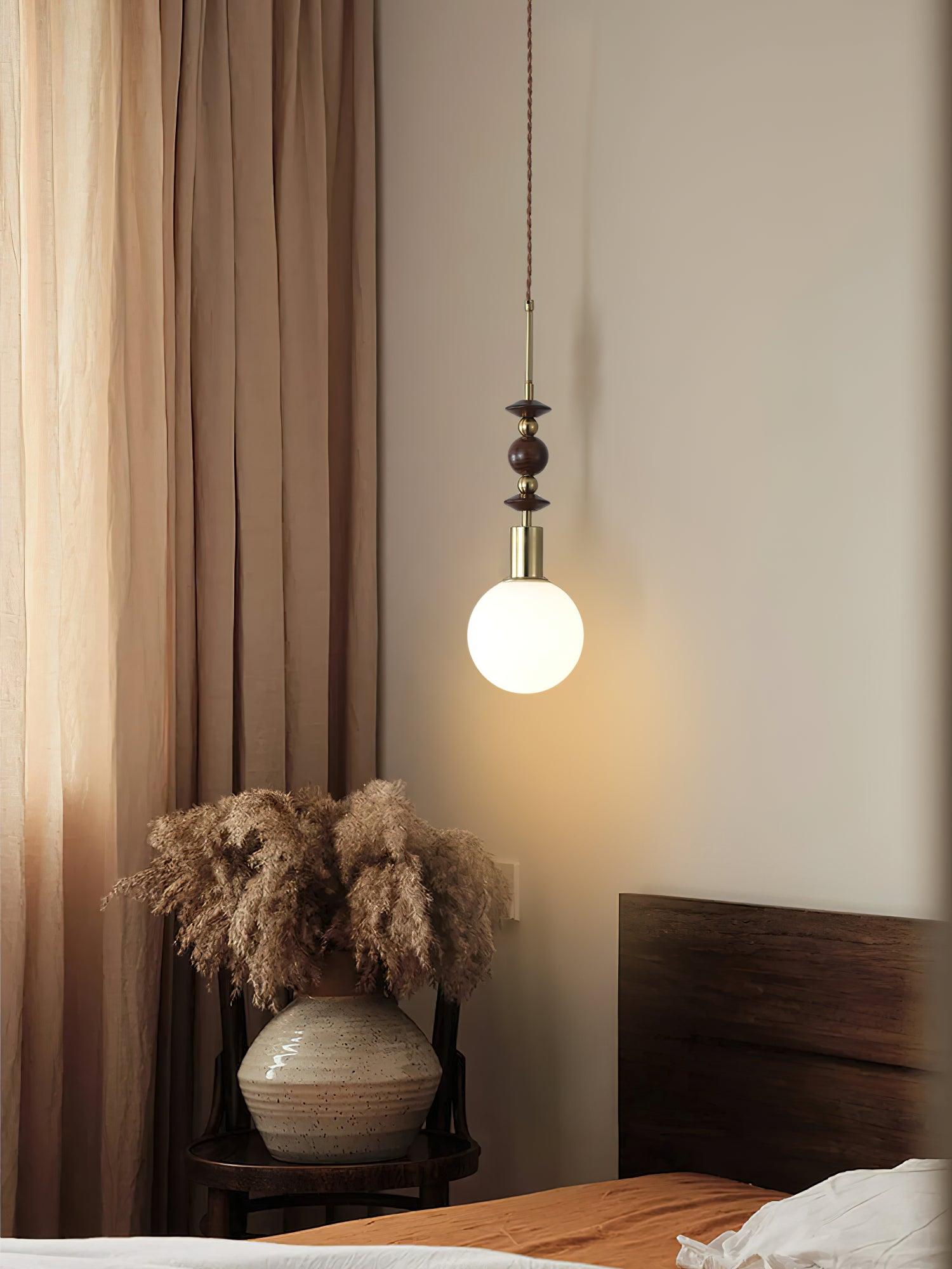 Modern Maru Ash Wood Beaded Pendant Light with White Glass Globe