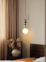 Modern Maru Ash Wood Beaded Pendant Light with White Glass Globe