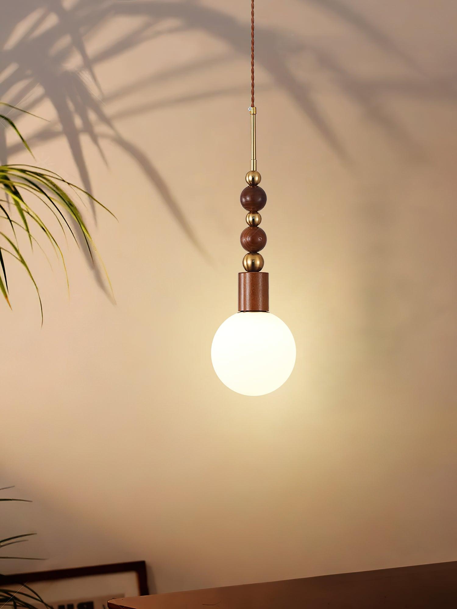 Modern Maru Ash Wood Beaded Pendant Light with White Glass Globe