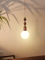 Modern Maru Ash Wood Beaded Pendant Light with White Glass Globe
