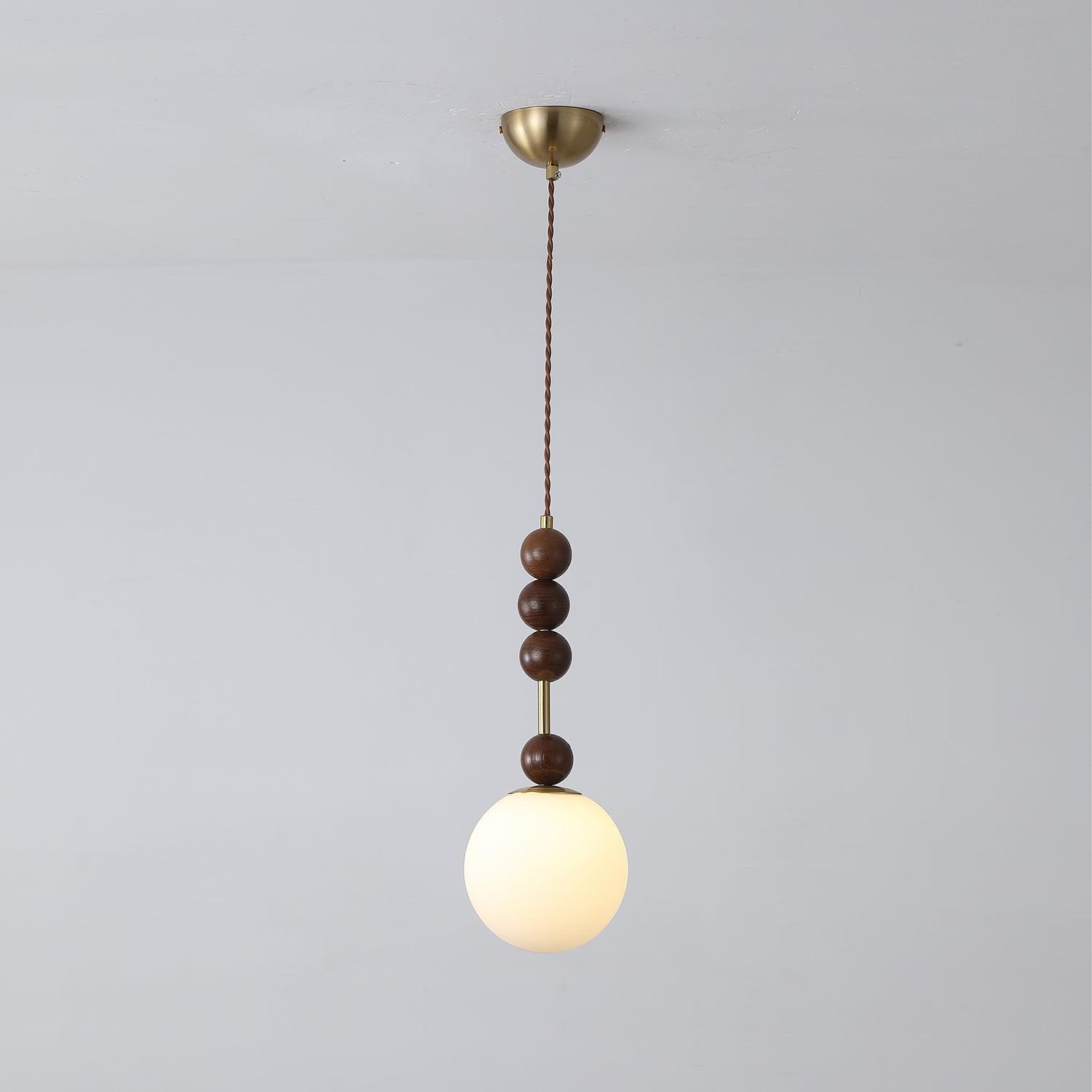 Modern Maru Ash Wood Beaded Pendant Light with White Glass Globe