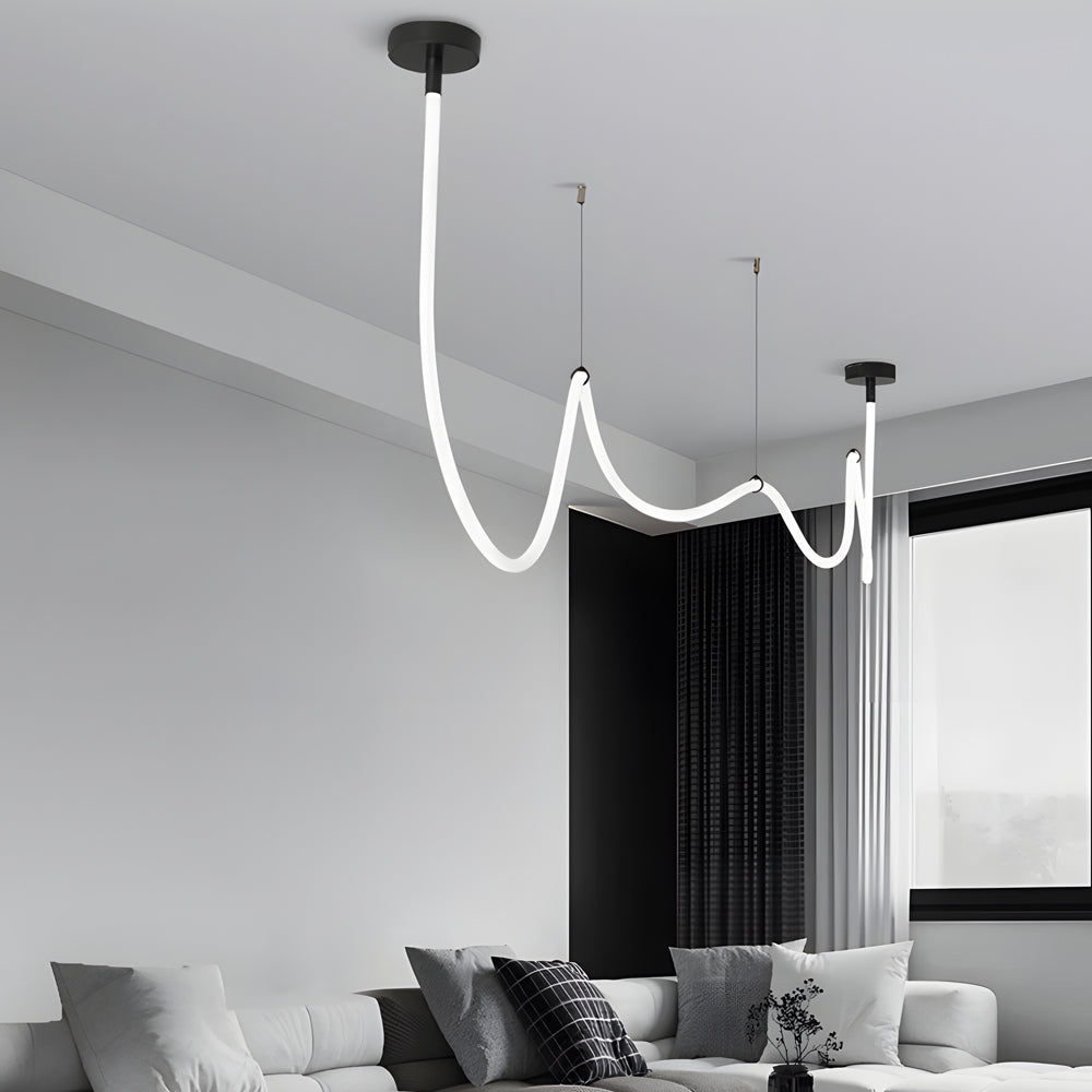 Modern Matte Black LED Silicone Rope Pendant Light 3 Step Color Temperature Dimmable Chandelier