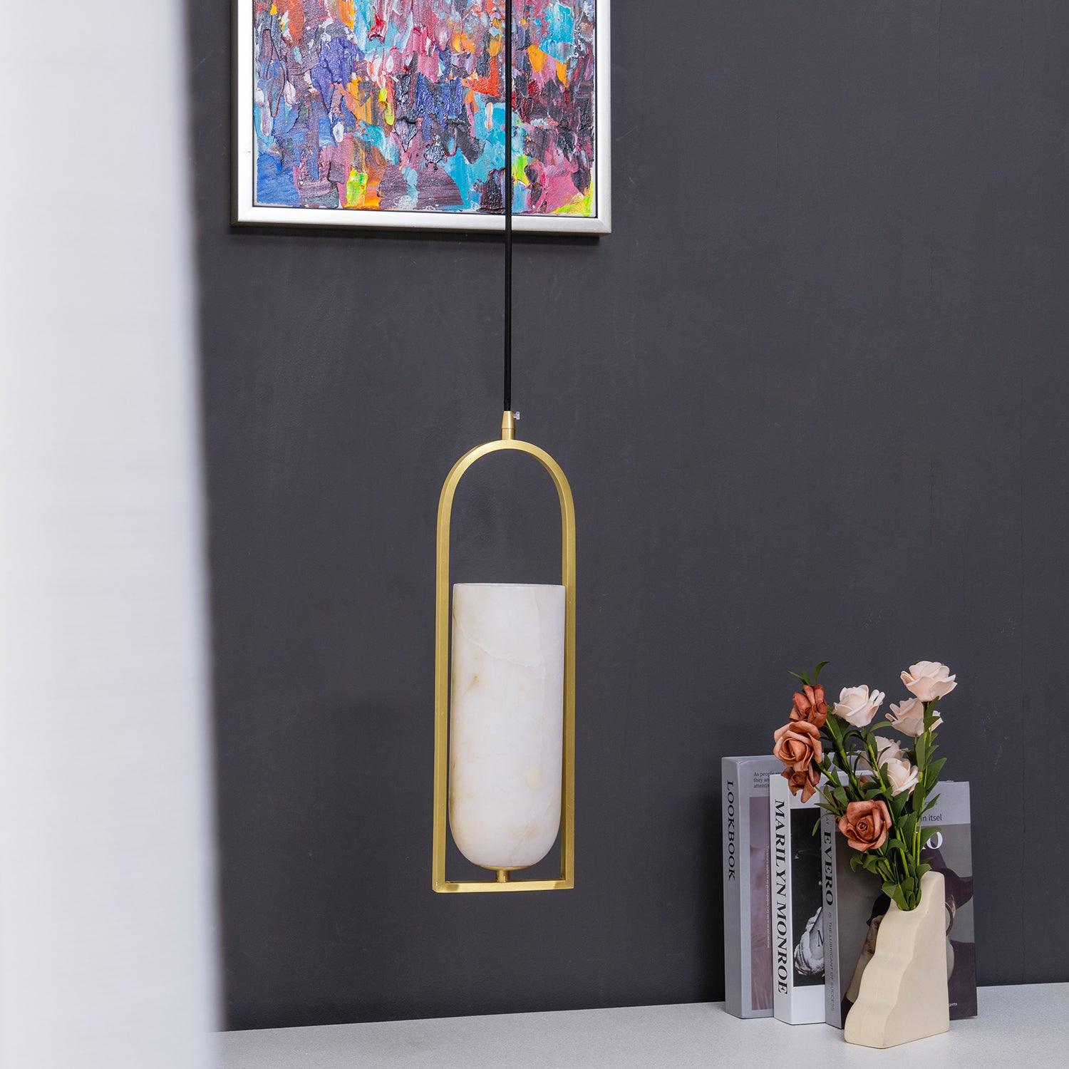 Modern Melange Small Alabaster Pendant Light with Brass Details