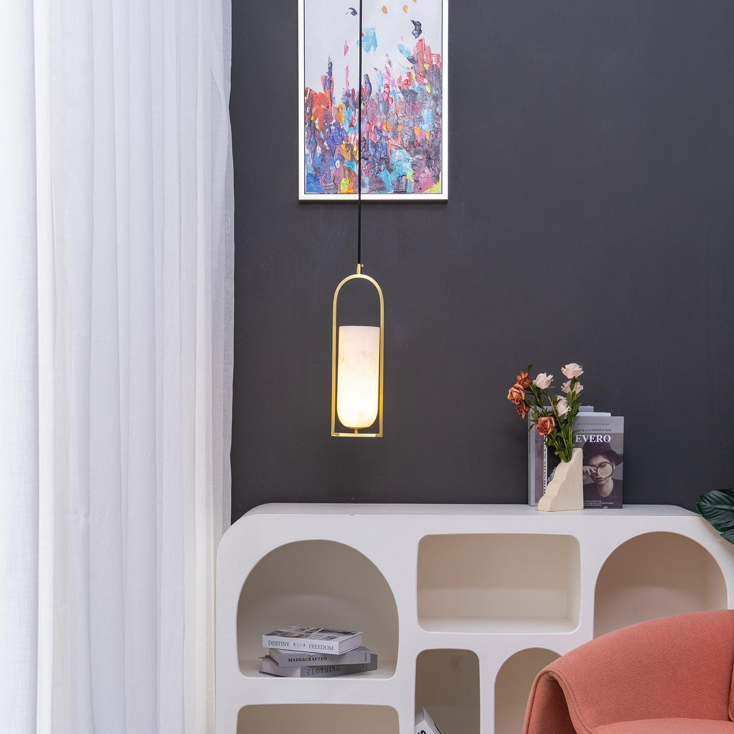 Modern Melange Small Alabaster Pendant Light with Brass Details