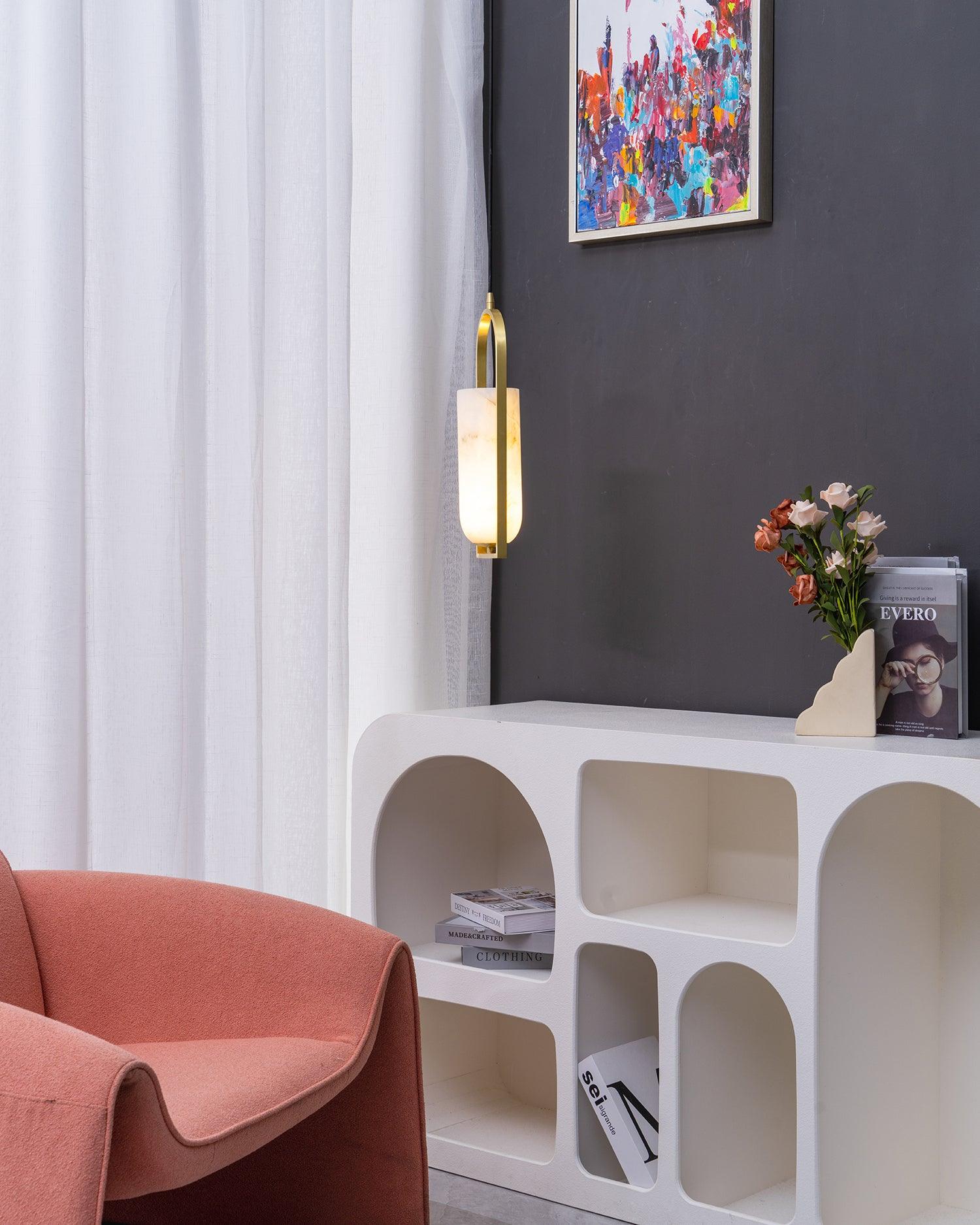 Modern Melange Small Alabaster Pendant Light with Brass Details
