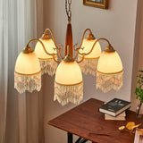Modern Mesh Tassel Glass Gasolier Chandelier Brass and Wood Pendant Light