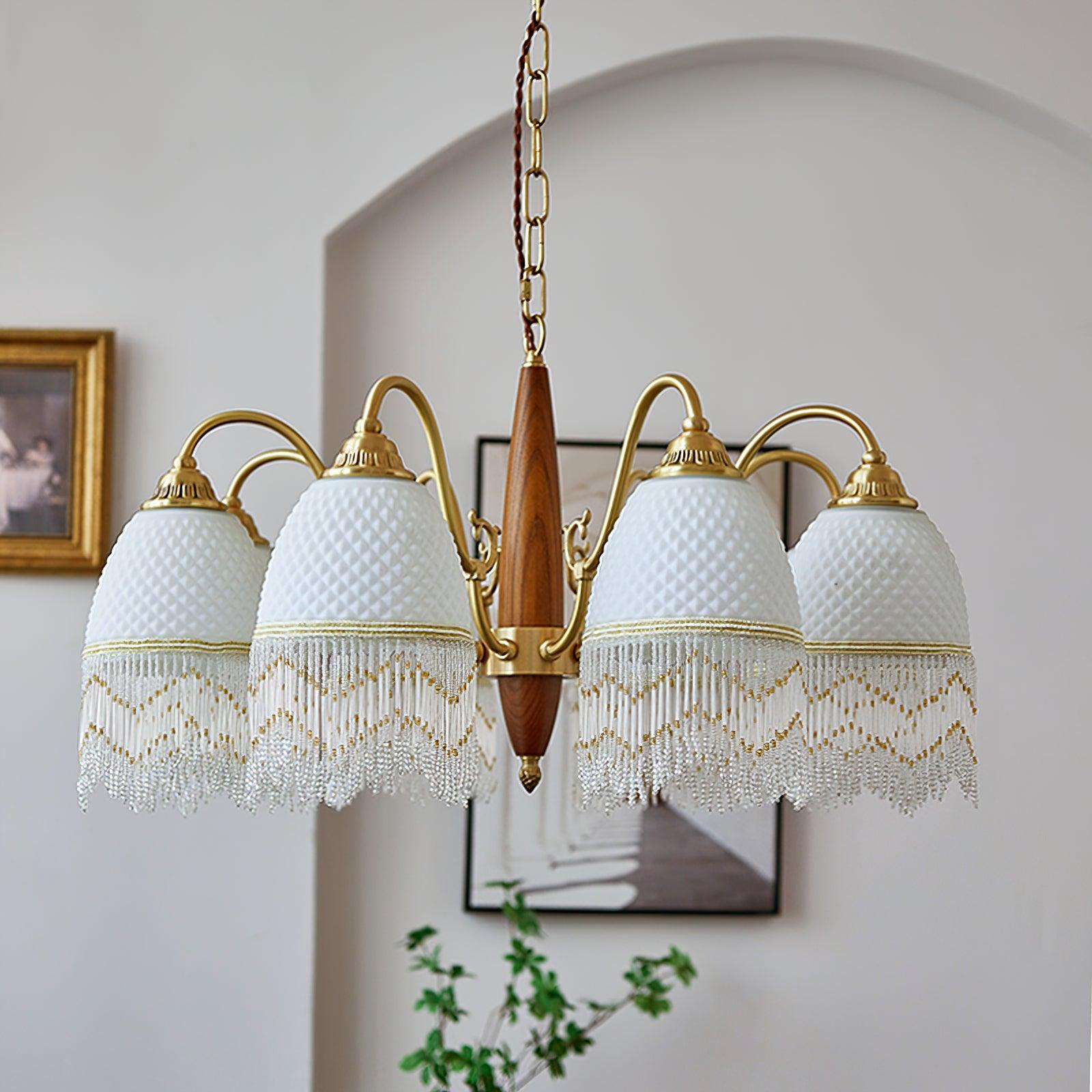 Modern Mesh Tassel Glass Gasolier Chandelier Brass and Wood Pendant Light