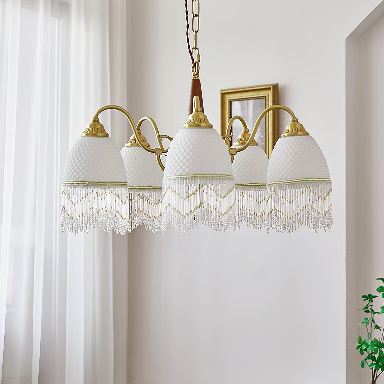 Modern Mesh Tassel Glass Gasolier Chandelier Brass and Wood Pendant Light