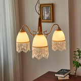 Modern Mesh Tassel Glass Gasolier Chandelier Brass and Wood Pendant Light