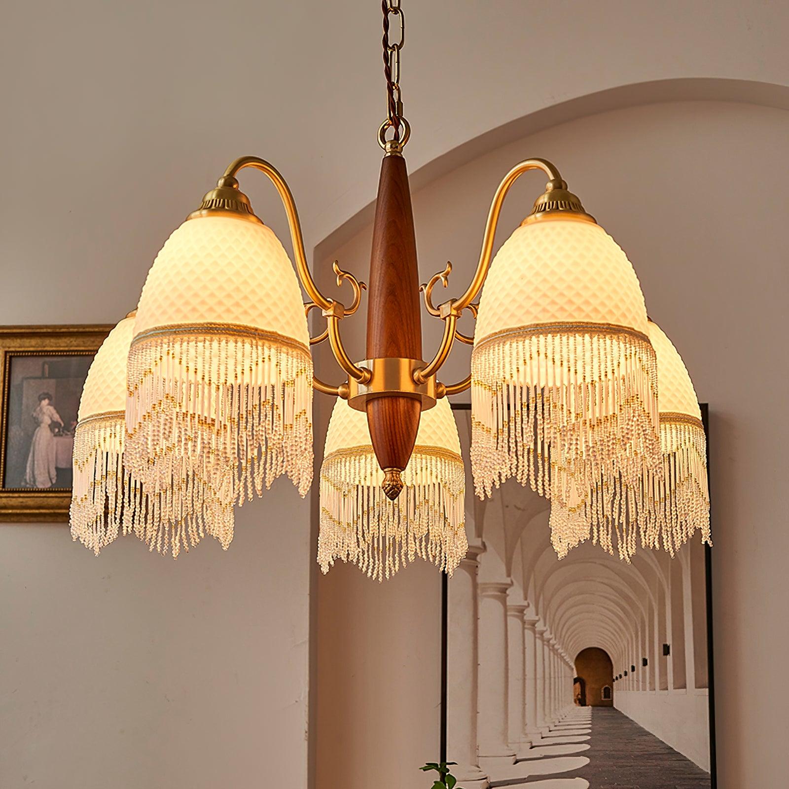 Modern Mesh Tassel Glass Gasolier Chandelier Brass and Wood Pendant Light