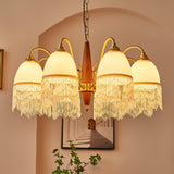Modern Mesh Tassel Glass Gasolier Chandelier Brass and Wood Pendant Light