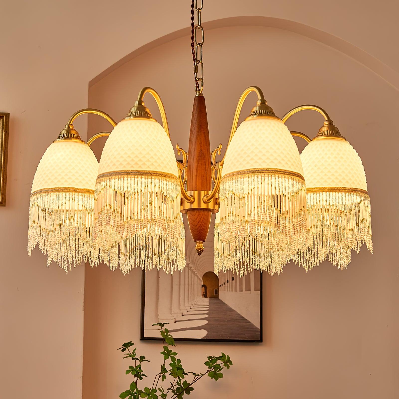 Modern Mesh Tassel Glass Gasolier Chandelier Brass and Wood Pendant Light