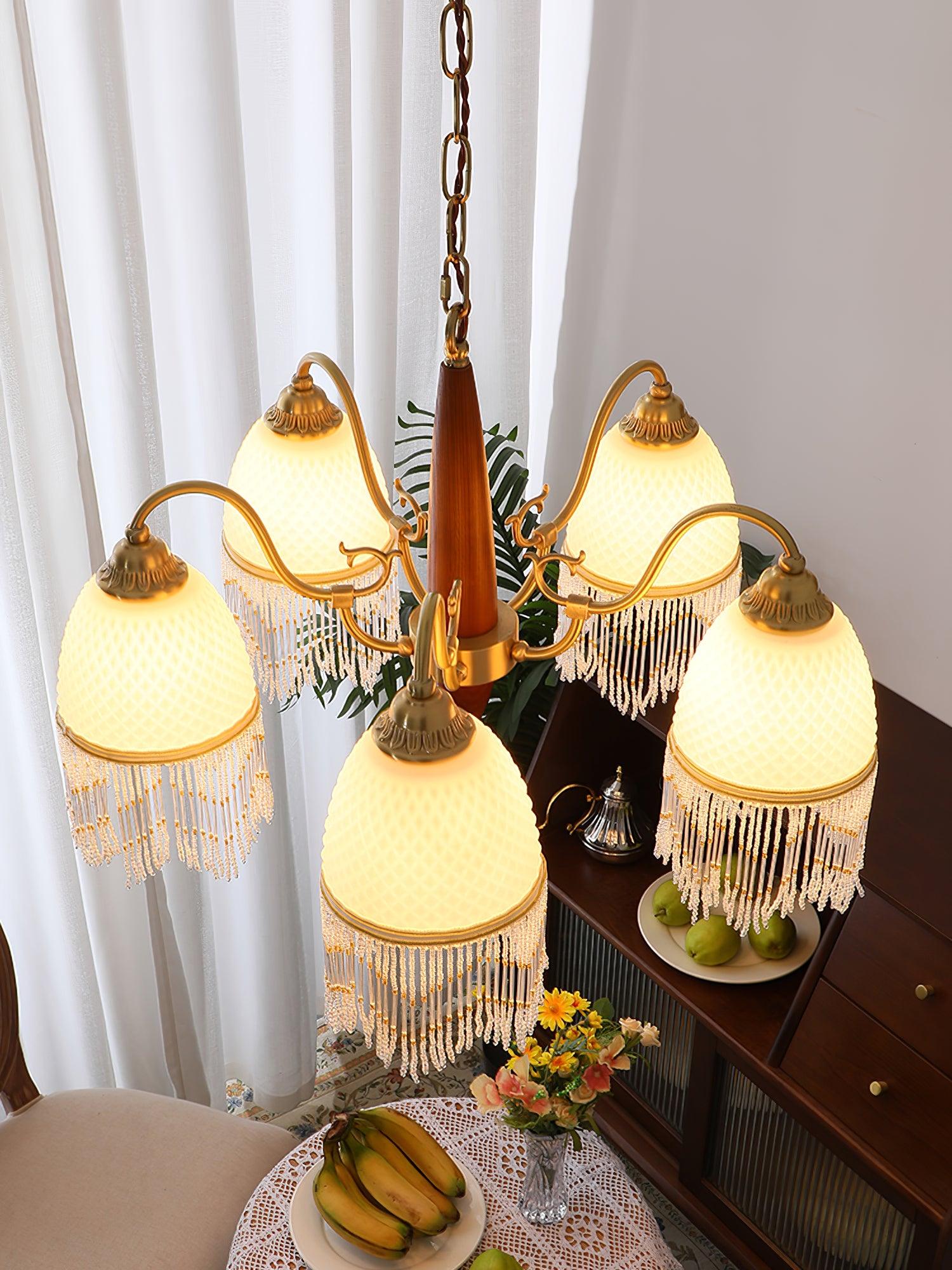 Modern Mesh Tassel Glass Gasolier Chandelier Brass and Wood Pendant Light
