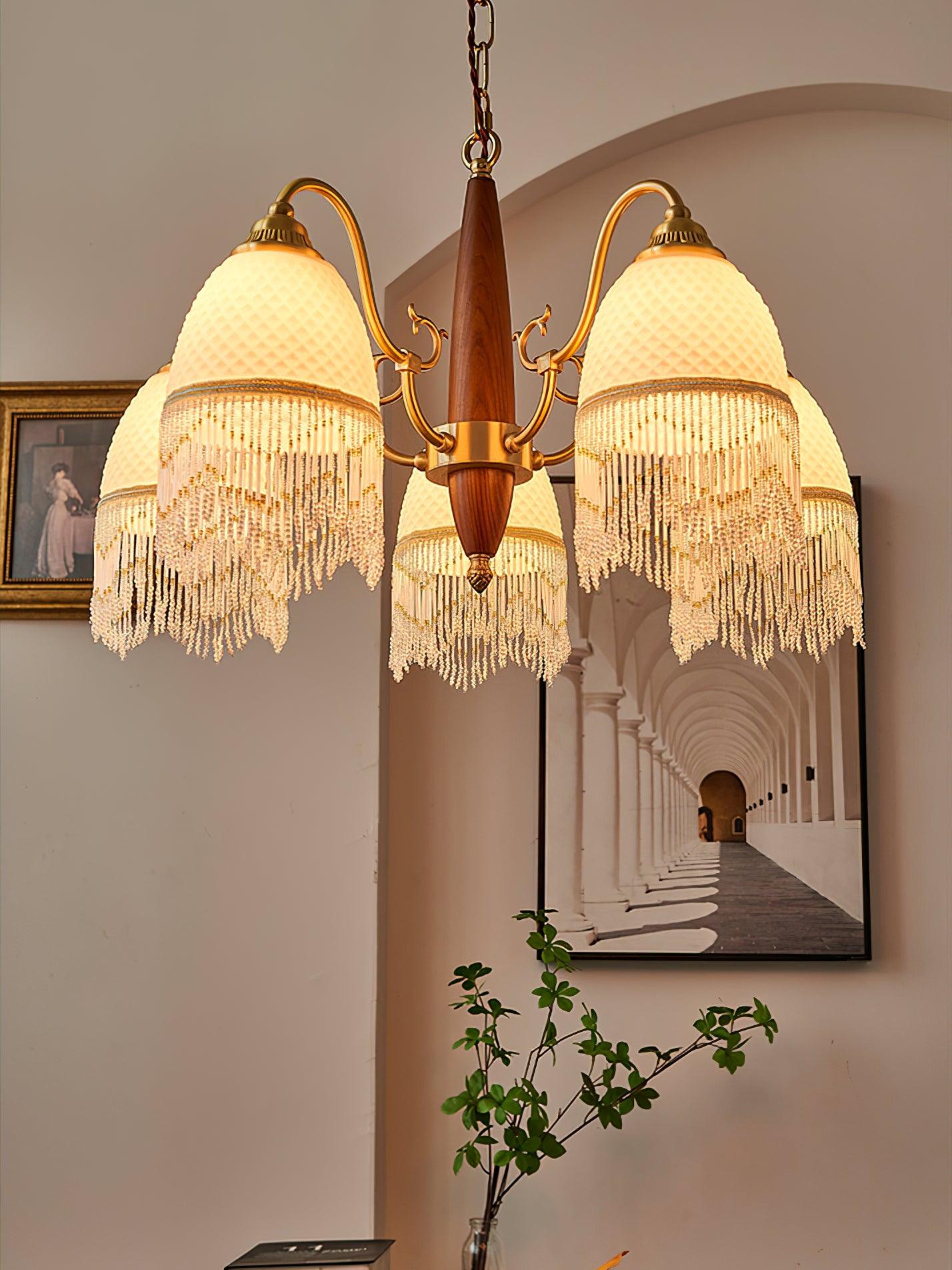 Modern Mesh Tassel Glass Gasolier Chandelier Brass and Wood Pendant Light