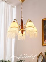 Modern Mesh Tassel Glass Gasolier Chandelier Brass and Wood Pendant Light