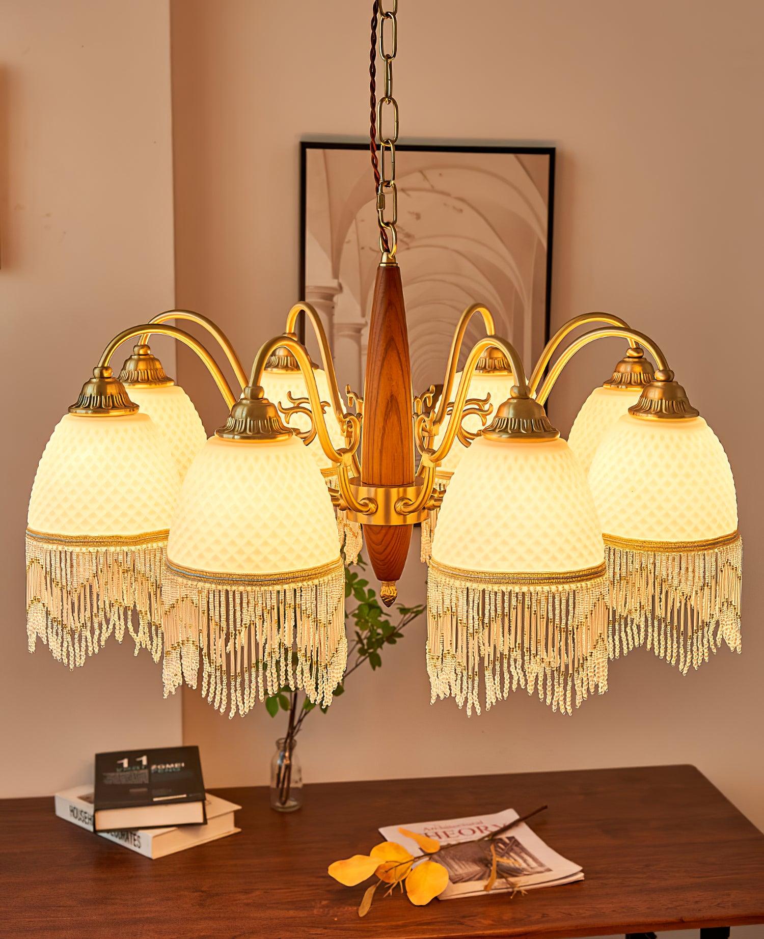 Modern Mesh Tassel Glass Gasolier Chandelier Brass and Wood Pendant Light