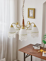 Modern Mesh Tassel Glass Gasolier Chandelier Brass and Wood Pendant Light