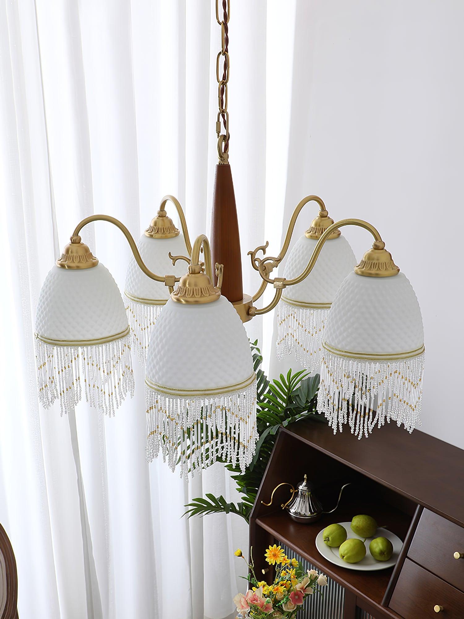 Modern Mesh Tassel Glass Gasolier Chandelier Brass and Wood Pendant Light