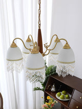 Modern Mesh Tassel Glass Gasolier Chandelier Brass and Wood Pendant Light
