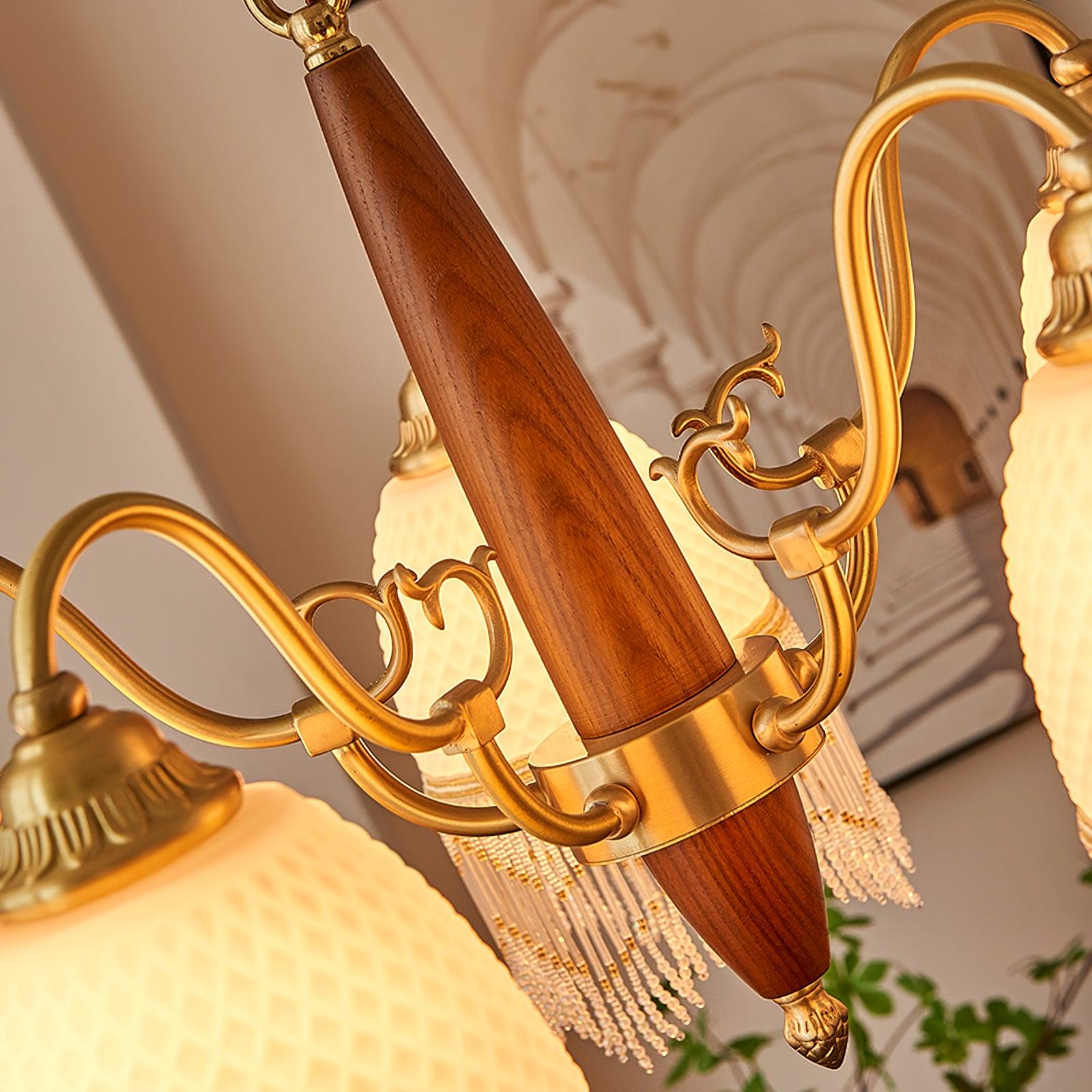 Modern Mesh Tassel Glass Gasolier Chandelier Brass and Wood Pendant Light