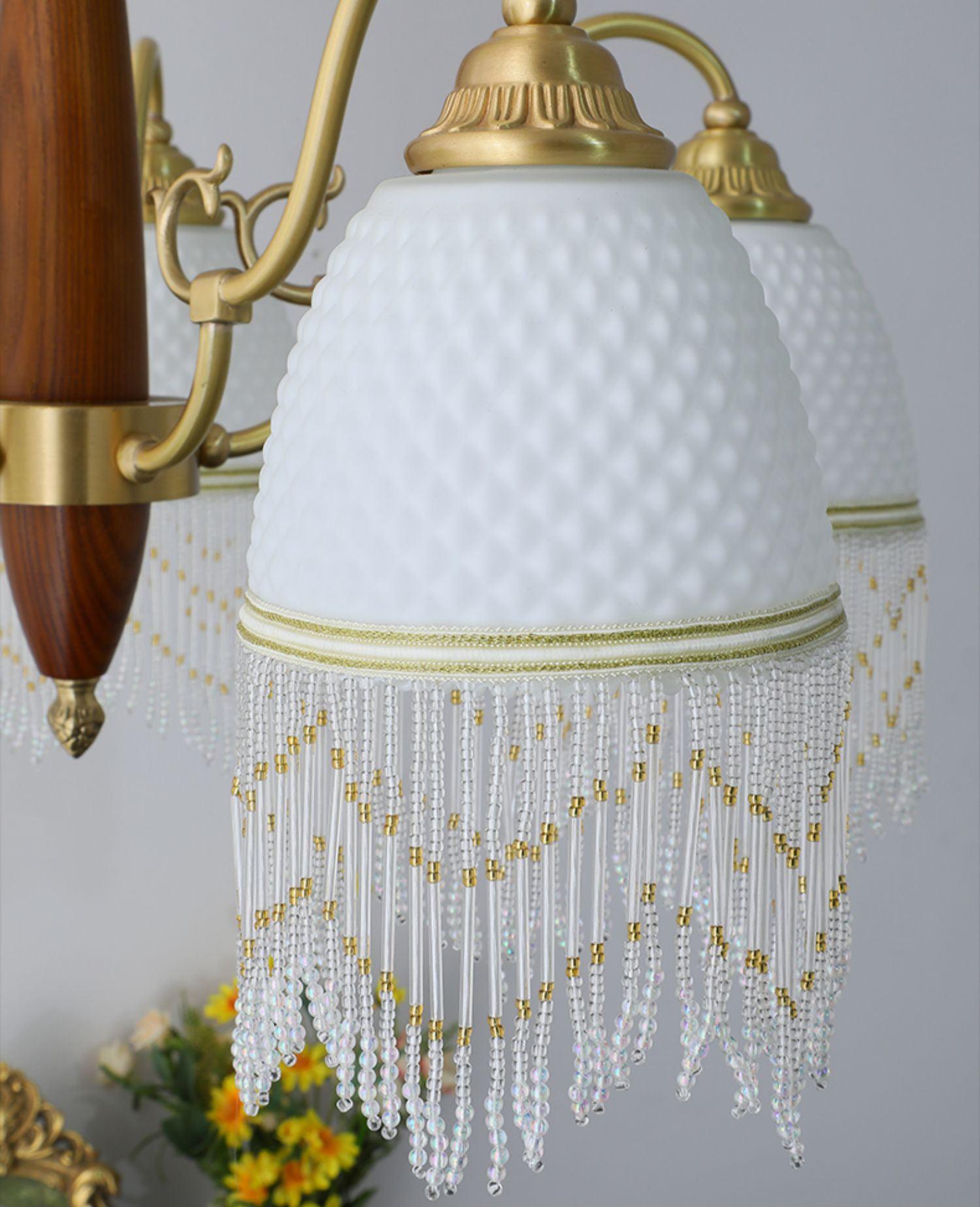 Modern Mesh Tassel Glass Gasolier Chandelier Brass and Wood Pendant Light