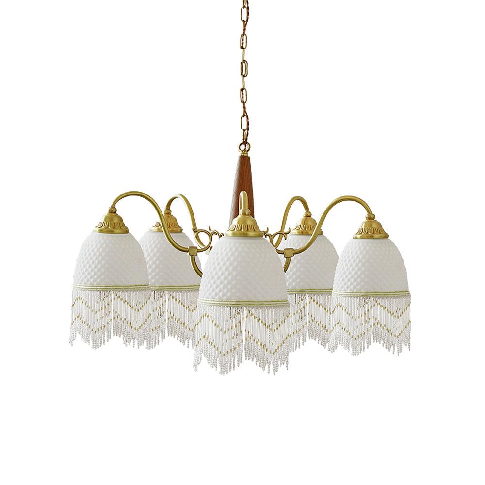 Modern Mesh Tassel Glass Gasolier Chandelier Brass and Wood Pendant Light
