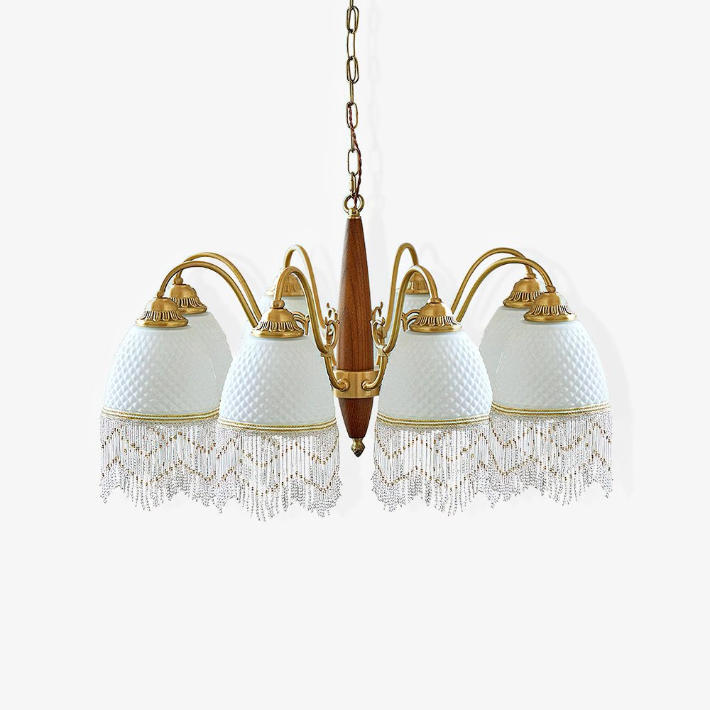 Modern Mesh Tassel Glass Gasolier Chandelier Brass and Wood Pendant Light