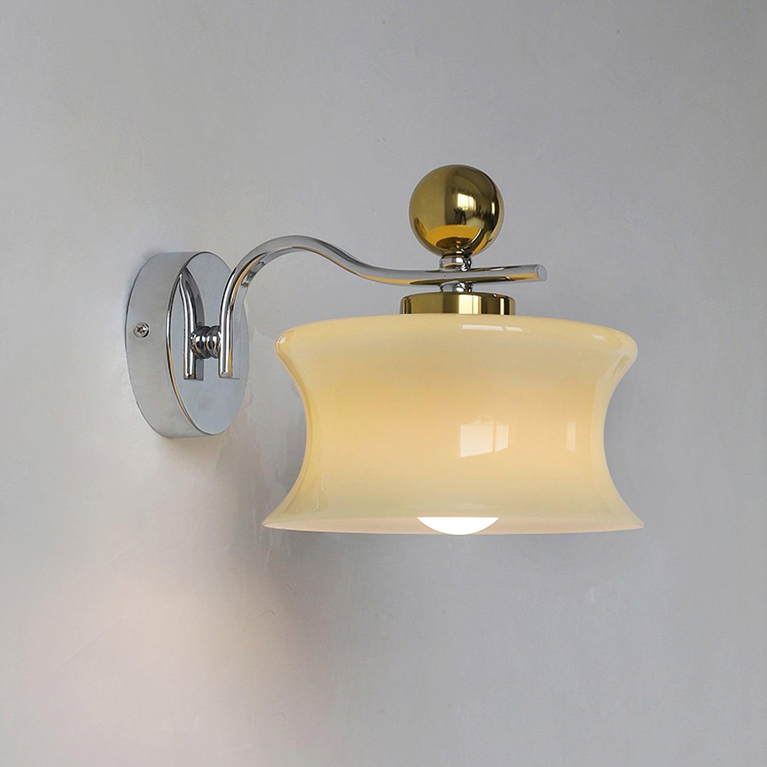 Modern Metal and Glass Wall Sconce Set of Two with Elegant Fabric Shade Gold and Chrome