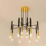 Modern Metal Tubular Chandelier with Multi Directional LED Lighting in Black and Gold