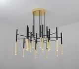 Modern Metal Tubular Chandelier with Multi Directional LED Lighting in Black and Gold