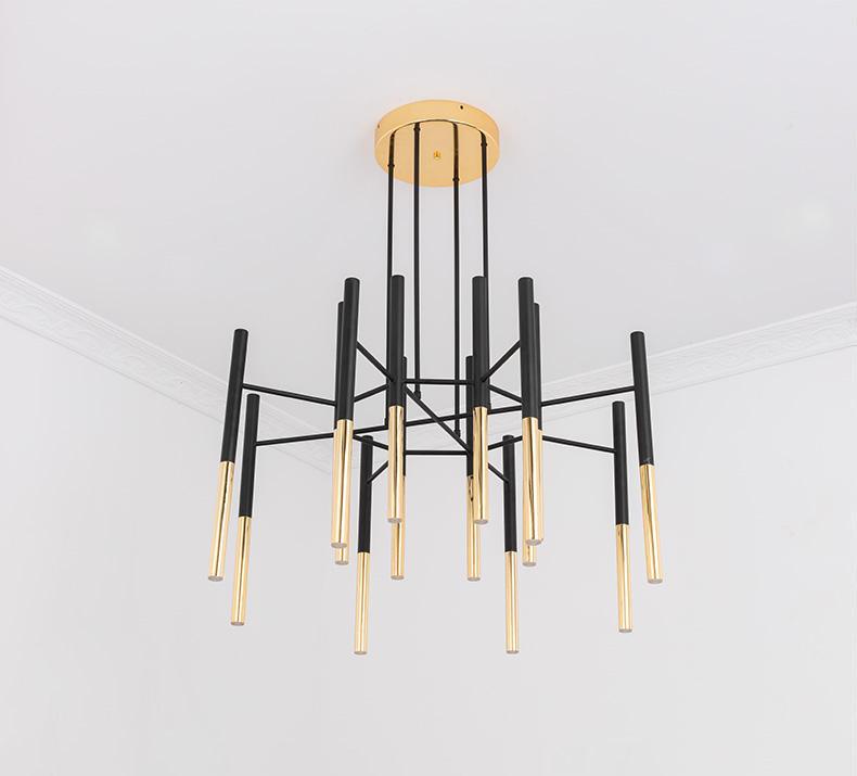 Modern Metal Tubular Chandelier with Multi Directional LED Lighting in Black and Gold