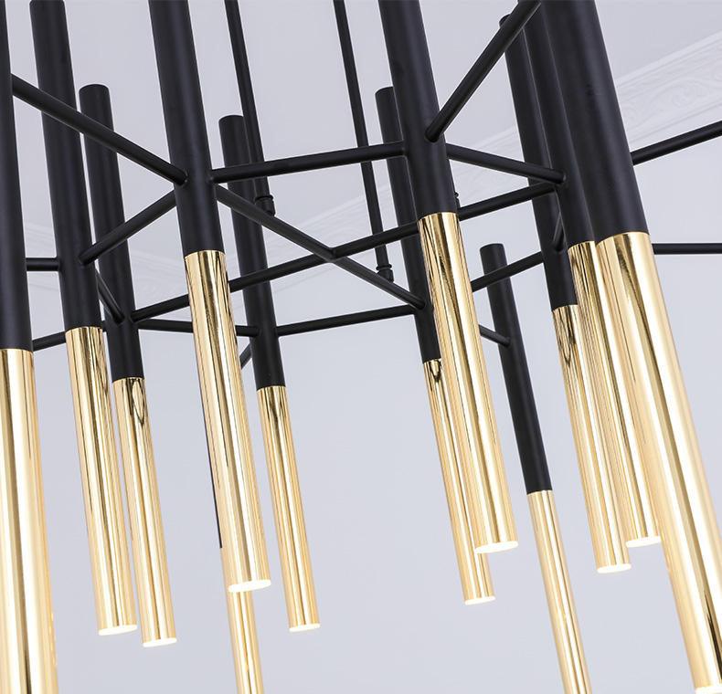 Modern Metal Tubular Chandelier with Multi Directional LED Lighting in Black and Gold