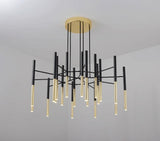 Modern Metal Tubular Chandelier with Multi Directional LED Lighting in Black and Gold