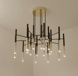 Modern Metal Tubular Chandelier with Multi Directional LED Lighting in Black and Gold