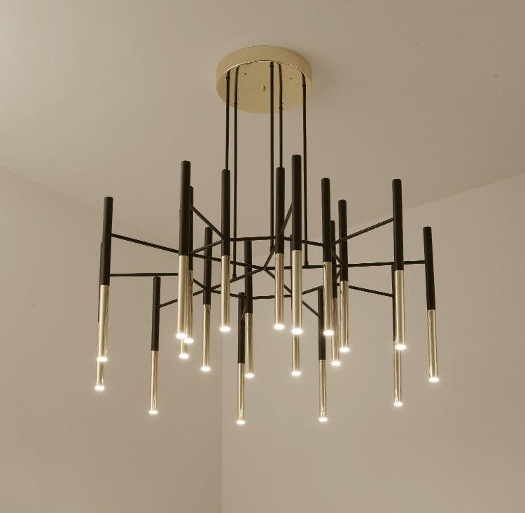 Modern Metal Tubular Chandelier with Multi Directional LED Lighting in Black and Gold