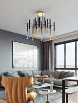 Modern Metal Tubular Chandelier with Multi Directional LED Lighting in Black and Gold