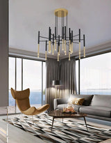 Modern Metal Tubular Chandelier with Multi Directional LED Lighting in Black and Gold
