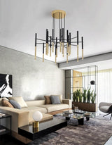 Modern Metal Tubular Chandelier with Multi Directional LED Lighting in Black and Gold