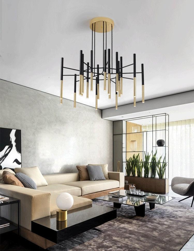 Modern Metal Tubular Chandelier with Multi Directional LED Lighting in Black and Gold